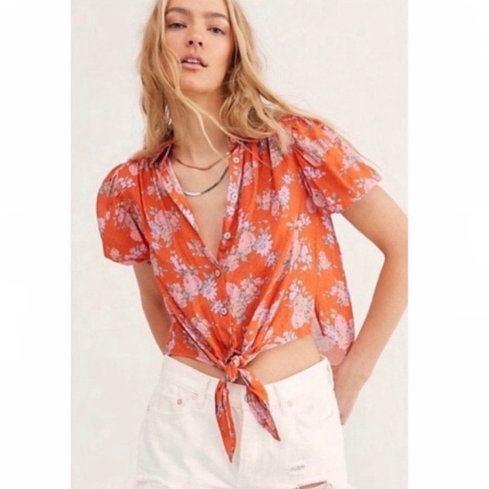Free People Celia Printed Blouse in Floral Button Down Short Sleeve Size Large